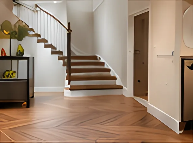 Hallway with herringbone wood flooring and a timber staircase